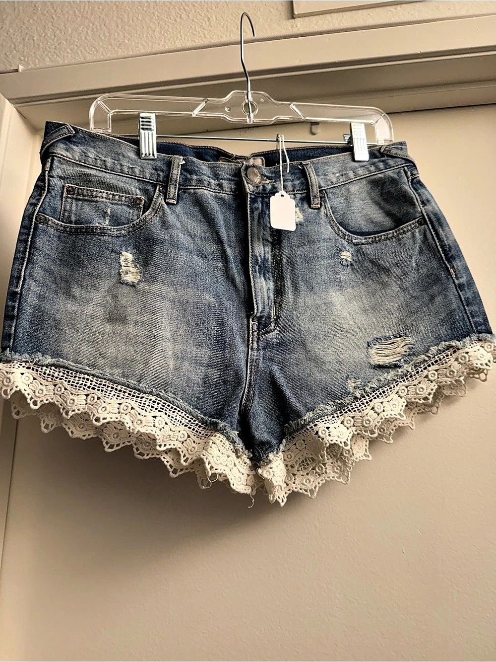 Free People Cali Lace Denim Shorts Blue & White Medium